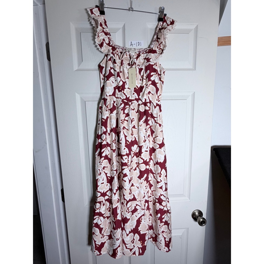 Monteau Los Angeles Floral Midi Dress Burgundy Cream Lace Trim Tiered Small NWT